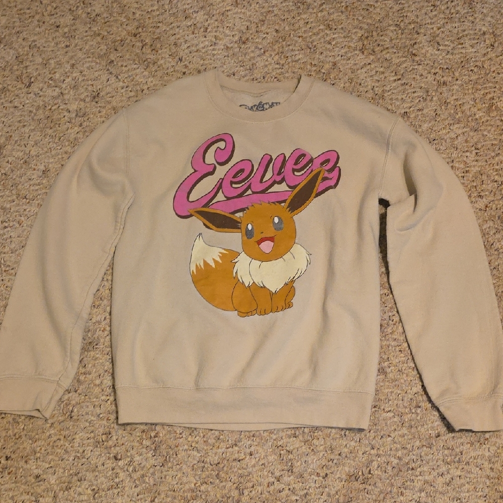 Pokemon Eevee Crewneck Sweater - Beige with Pink Logo
